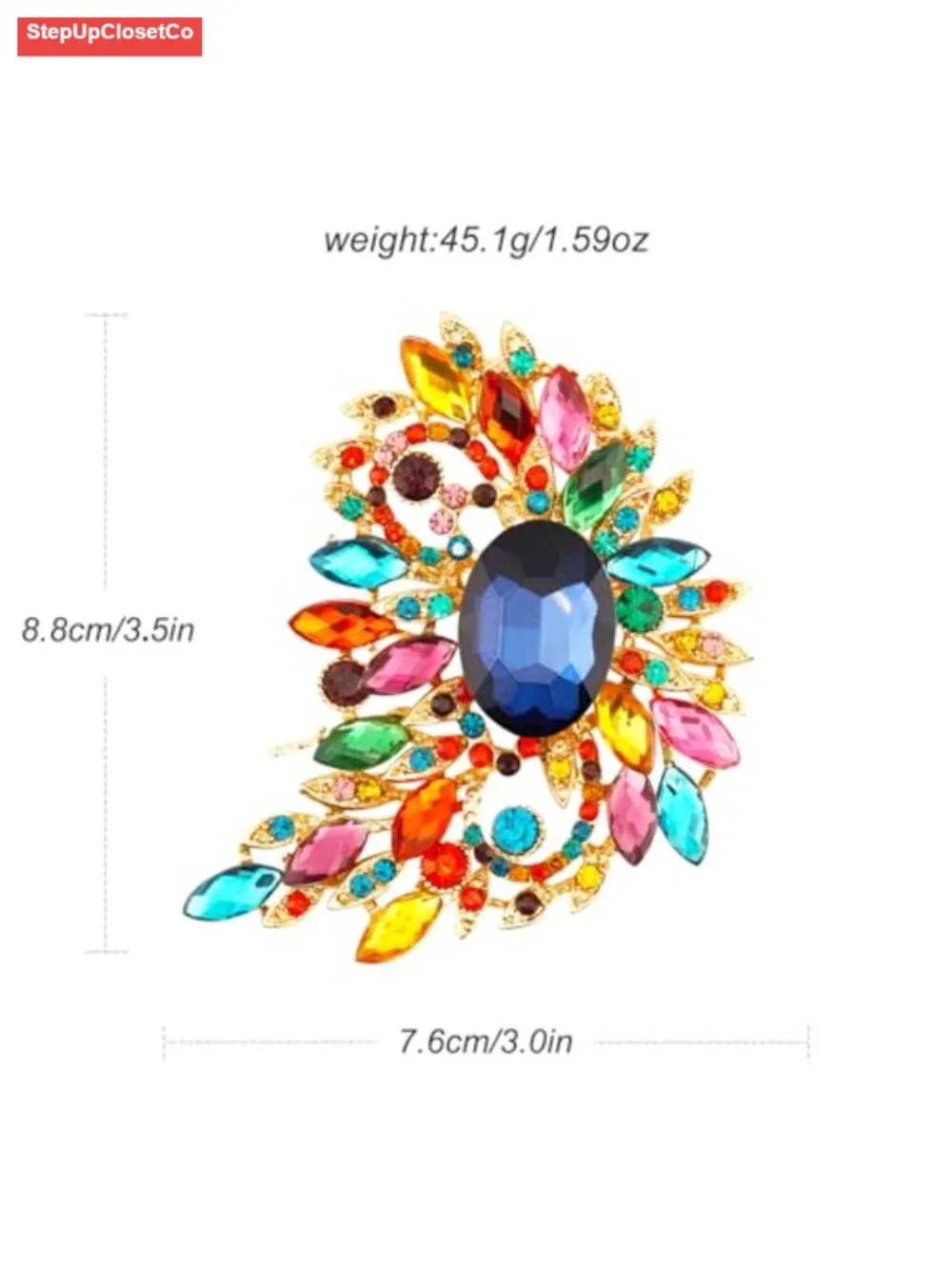 Large Leaf Crescent Moon Rhinestone Brooch Pin for Scarf Sweater Gold Tone